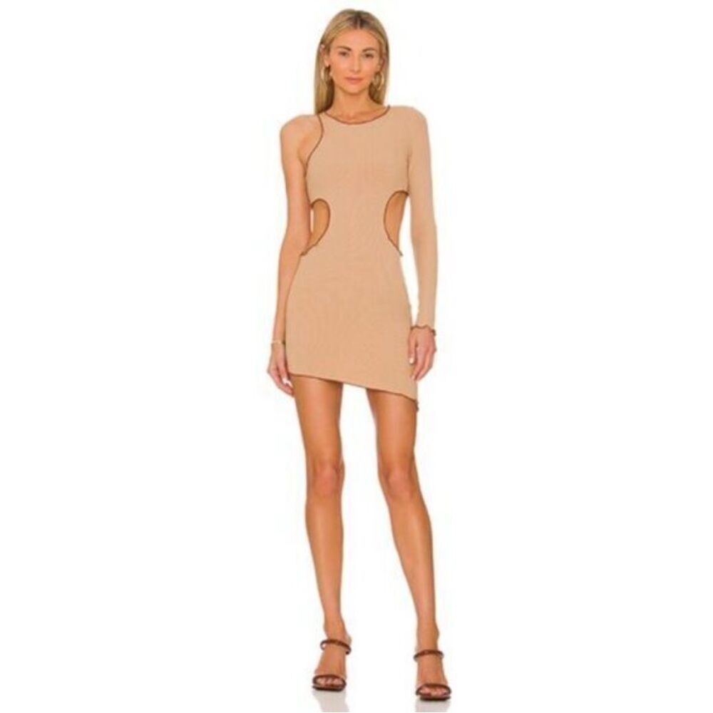 Superdown Katarina Cut Out Tan Brown Cream Asymmetrical Mini Dress Small